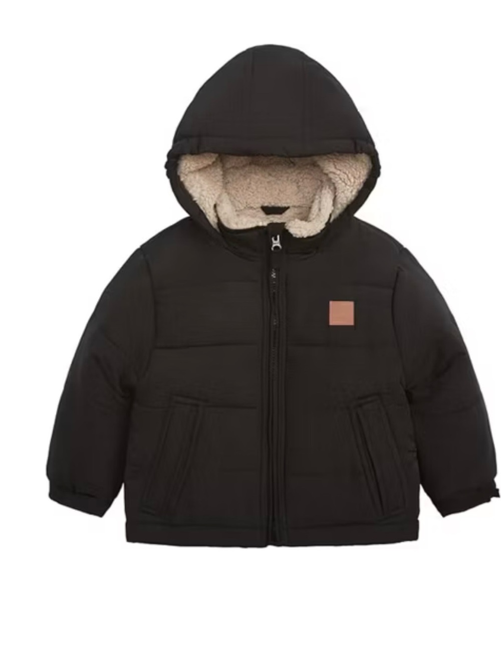 London Fog Black Hooded Puffer Jacket with Sherpa Hood Lining